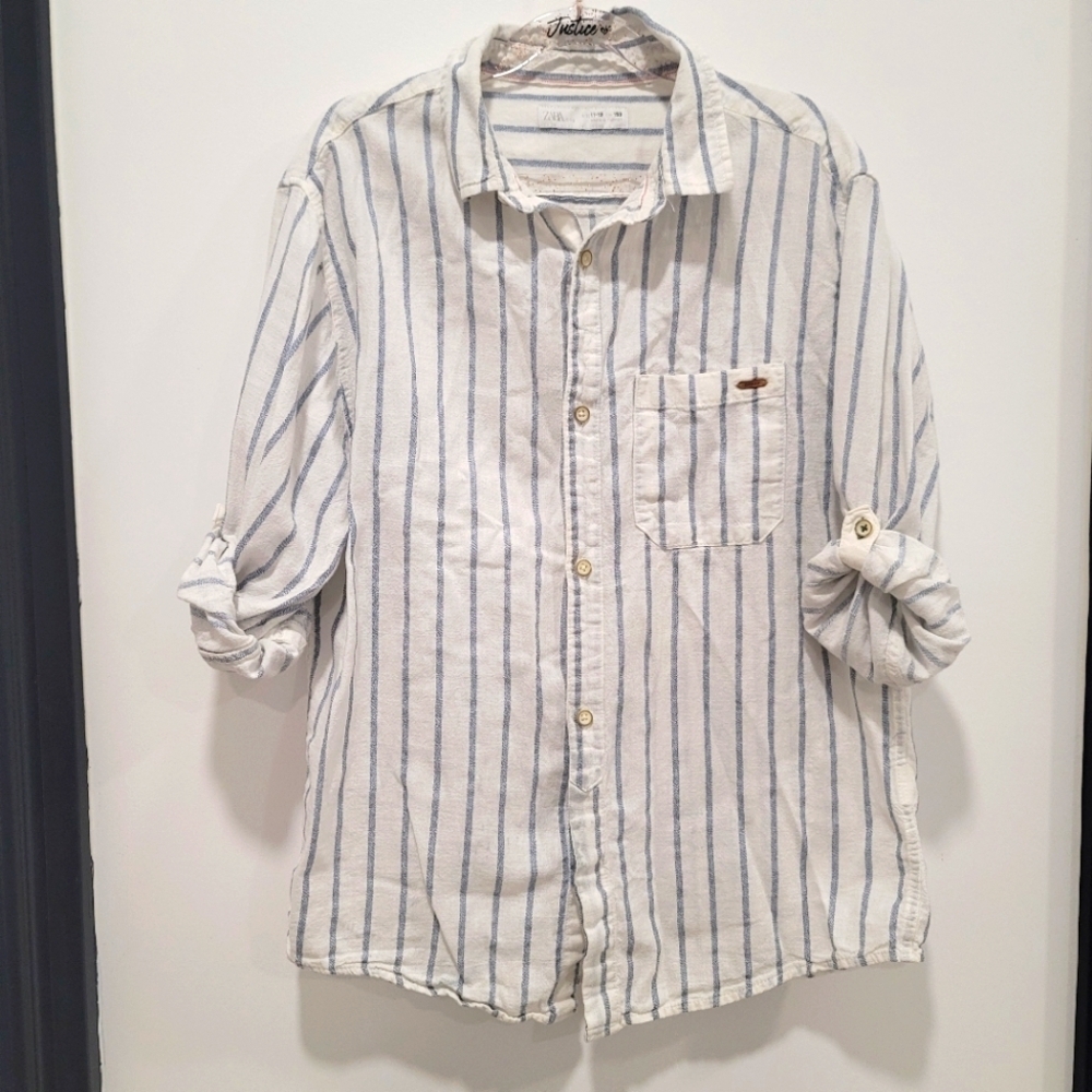 ♥️5 For $25 ZARA Boys stripped button down white shirt size 11-12